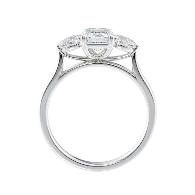 1 carat emerald cut with pear cut sides diamond engagement ring white gold side view.