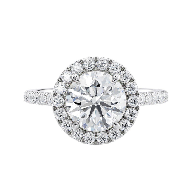 Round natural halo diamond engagement ring white gold front view.