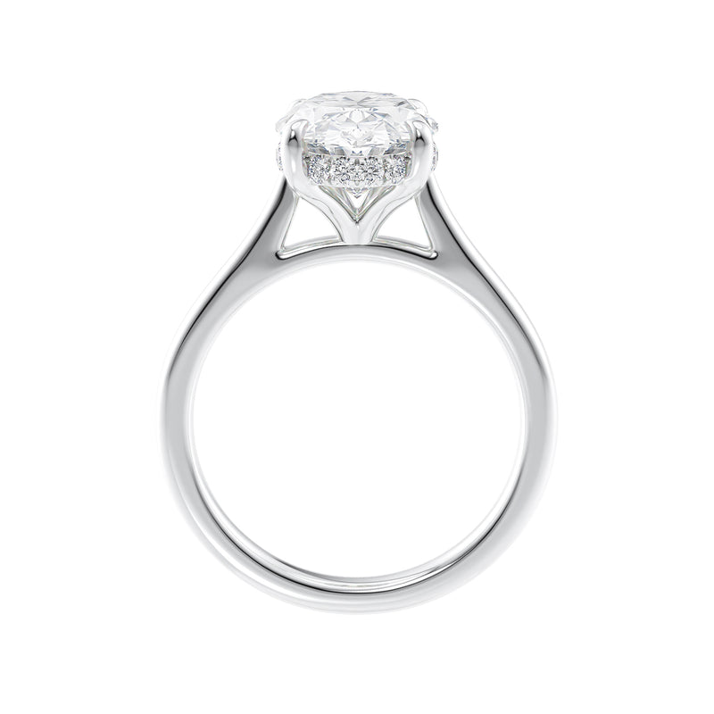 Hidden halo oval solitaire engagement ring white gold side view.