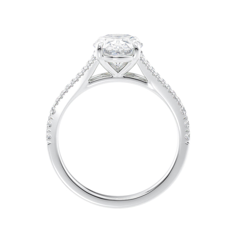 Oval laboratory grown diamond with diamond split band engagement ring 18ct white gold side view.