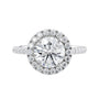 1.5 carat round cut lab grown diamond halo engagement ring with diamond band white gold front view.