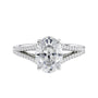 Oval cut diamond engagement ring with diamond set split band white gold front view.