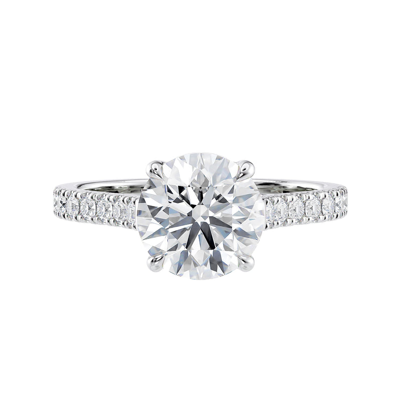 Natural round solitaire with a diamond band white gold front view.