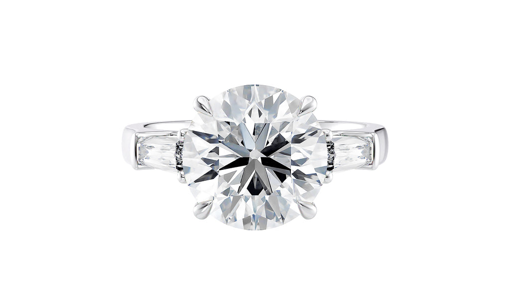 Round Brilliant Lab Grown Diamond Engagement Ring with Tapered Baguette Side Stones