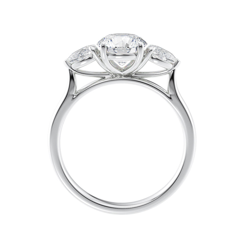 Round 3 stone natural diamond engagement ring with pear shoulders in white gold side view.