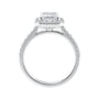 Emerald cut halo lab grown diamond engagement ring with castle set diamond set band white gold side view.