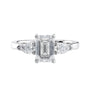 Emerald cut diamond engagement ring with pear cut sides white gold front view.