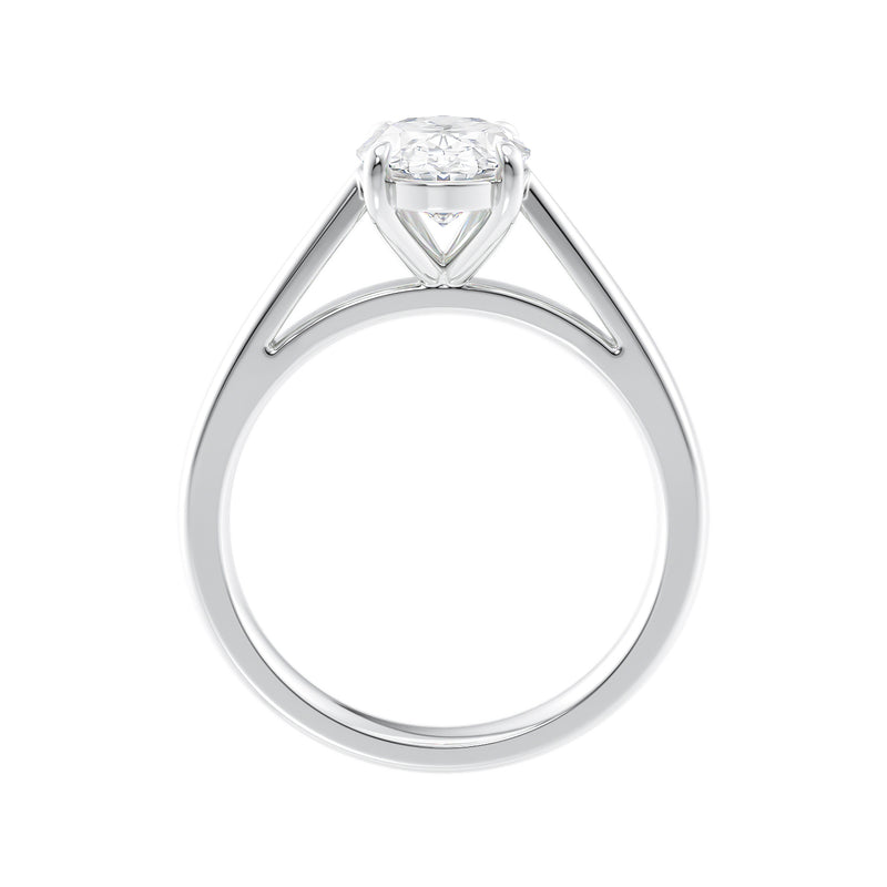 Lab grown oval cut diamond engagement ring with tapered band white gold side view.