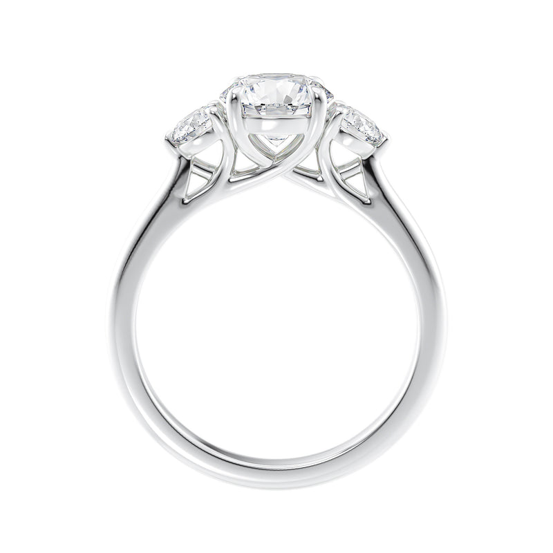 Lab grown diamond 3 stone engagement ring with small side diamonds white gold side view.