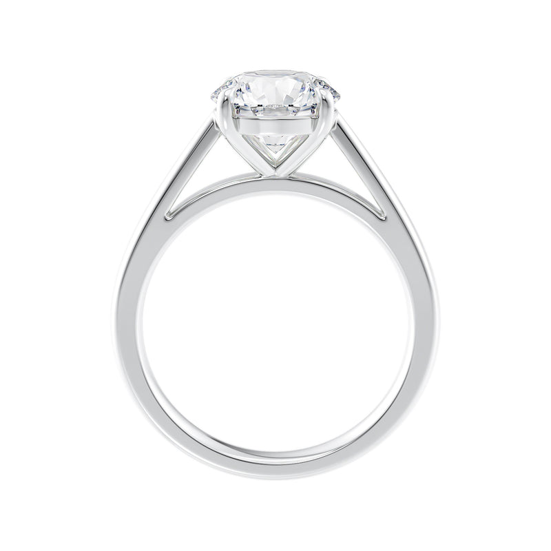 Round cut diamond solitaire engagement ring white gold side view.