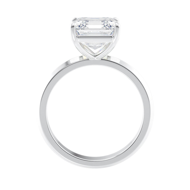 Asscher cut solitaire diamond engagement ring white gold side view.