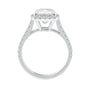 Cushion cut natural diamond halo style engagement ring white gold side view.