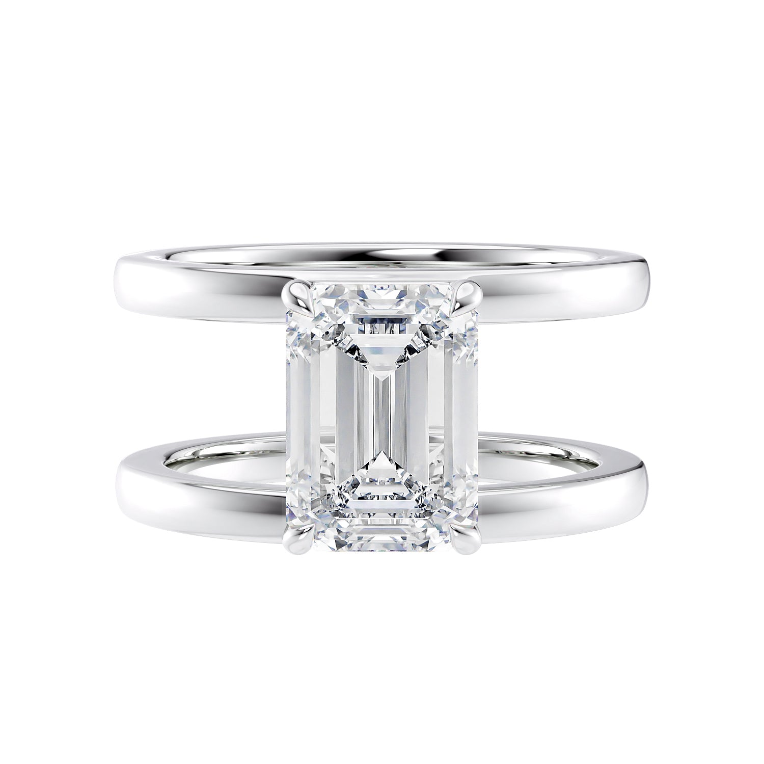 Emerald cut laboratory grown diamond double band engagement ring white gold front view.