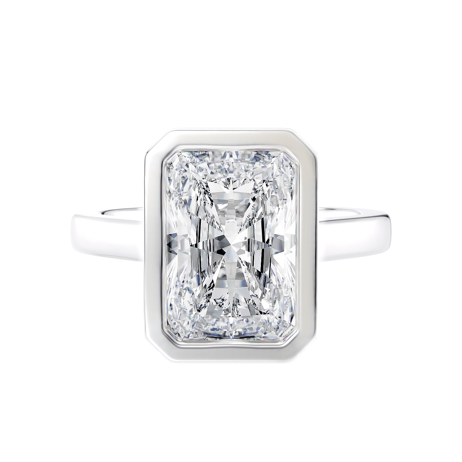 Solitaire emerald cut bezel set lab grown diamond engagement ring in white gold front view.