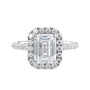 Emerald cut halo lab grown diamond engagement ring with castle set diamond set band white gold front view.