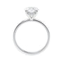 Hidden halo oval lab grown diamond engagement ring slim band white gold side view.