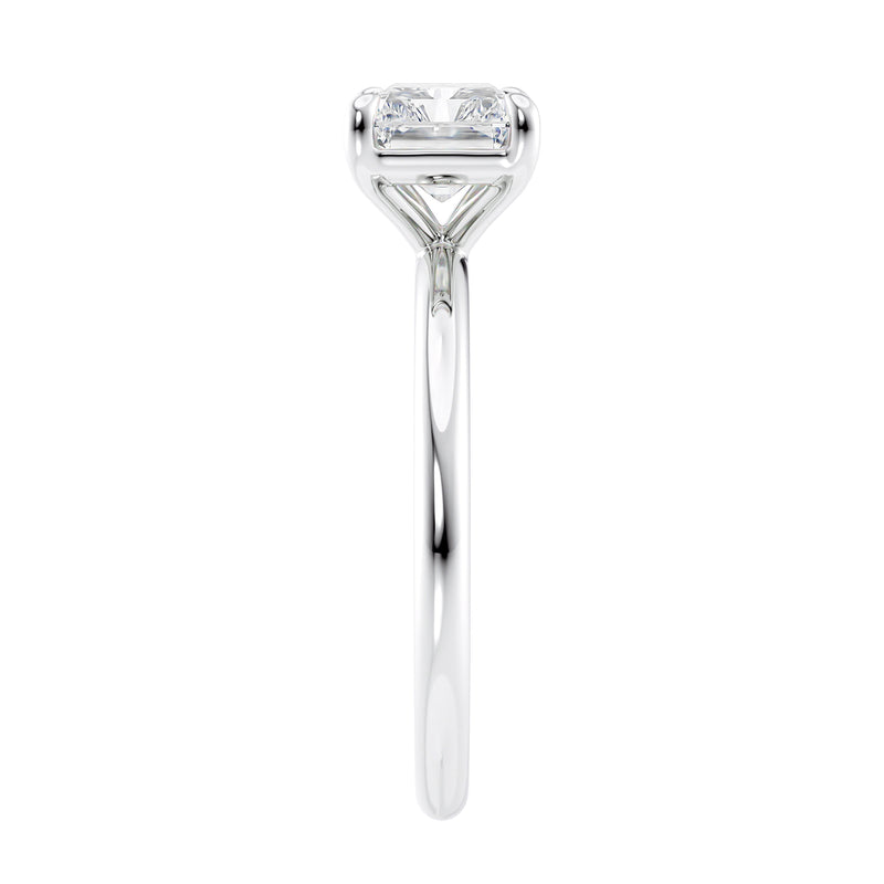 Radiant cut lab grown diamond east-west set on thin band white gold end view.