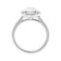 Lab grown diamond oval halo engagement ring white gold side view.