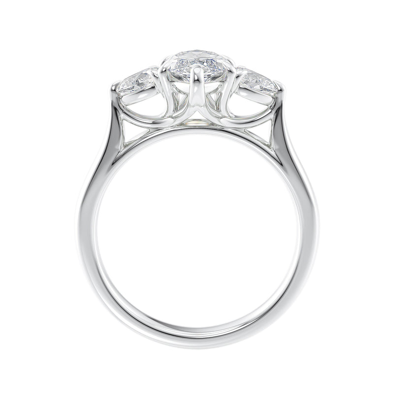 Lab grown marquise cut trilogy diamond engagement ring 18ct white gold side view.