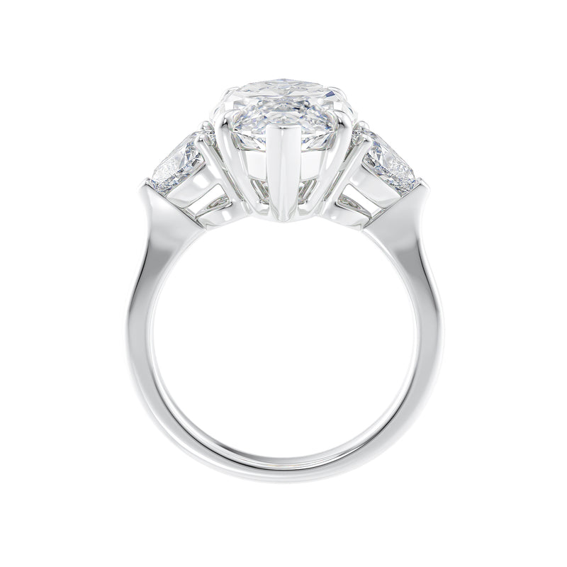 Marquise and heart cut 3 stone lab grown diamond engagement ring white gold side view.