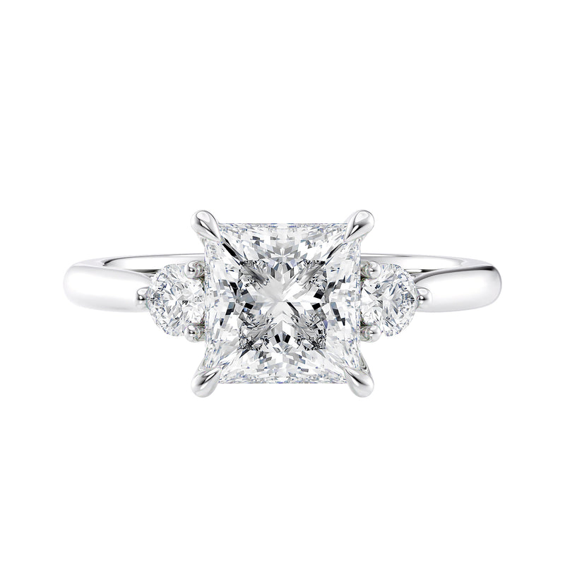 3 stone princess cut diamond engagement ring in white gold front view.