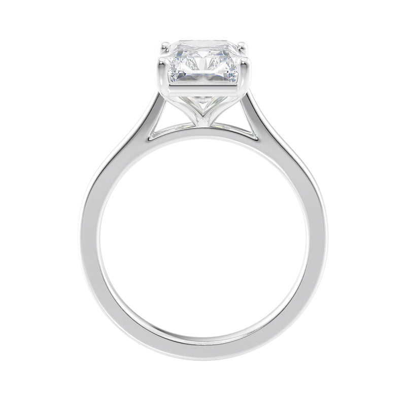 Natural diamond radiant cut engagement ring white gold side view.