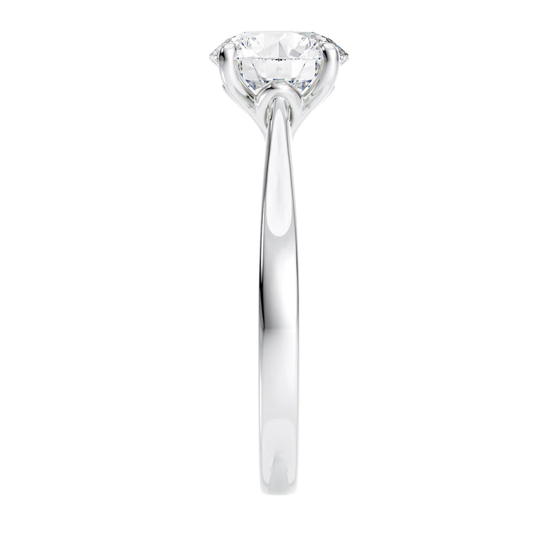 Natural round diamond engagement ring with a tapered white gold band end view.