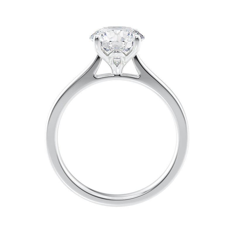 Natural round diamond engagement ring with a tapered white gold band side view.