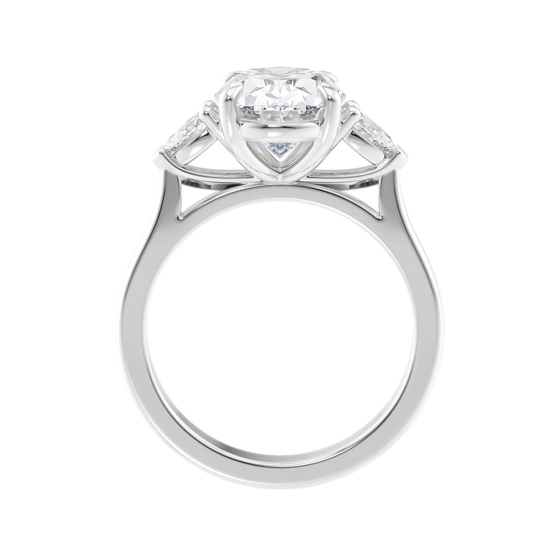 Oval Lab grown diamond three stone engagement ring with pear cut accent stones 18ct white gold side view.