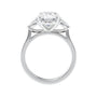 Oval Lab grown diamond three stone engagement ring with pear cut accent stones 18ct white gold side view.