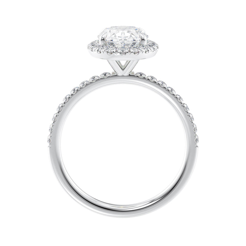 18 carat white gold oval halo engagement ring side view.