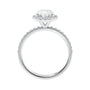 18 carat white gold oval halo engagement ring side view.