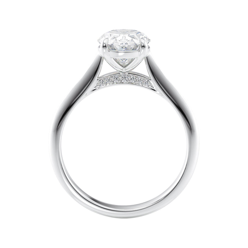 2 carat oval lab grown diamond engagement ring with diamond set bridge white gold side view.