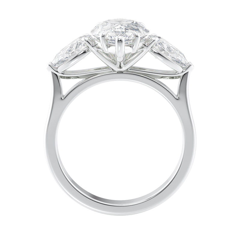 3 stone pear cut lab diamond centre with pear cut shoulders engagement ring 18 carat white gold side view.