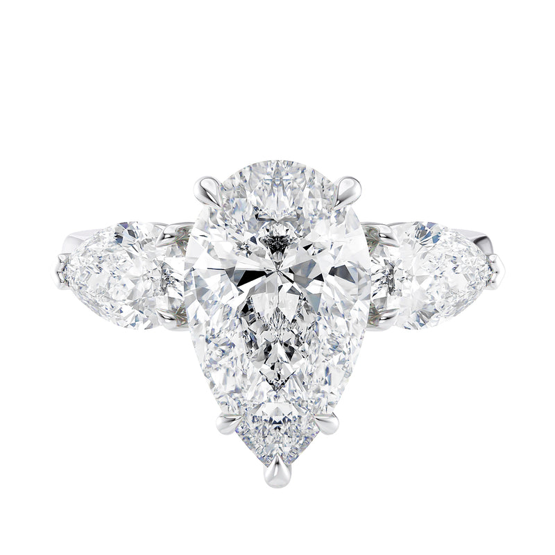 3 stone pear cut lab diamond centre with pear cut shoulders engagement ring 18 carat white gold front view.