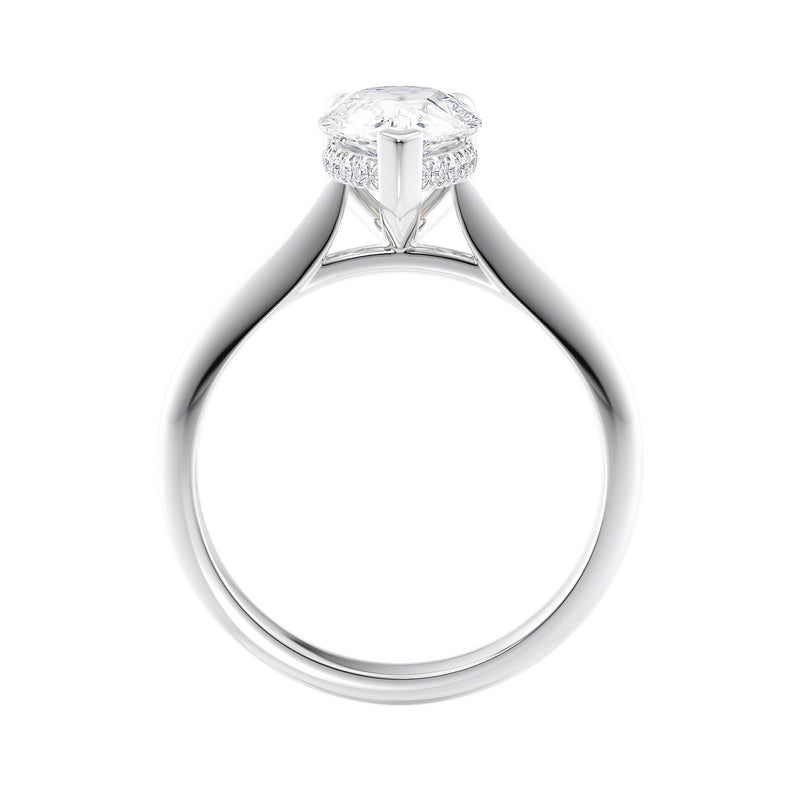 Laboratory grown pear cut diamond solitaire engagement ring hidden halo white gold side view.