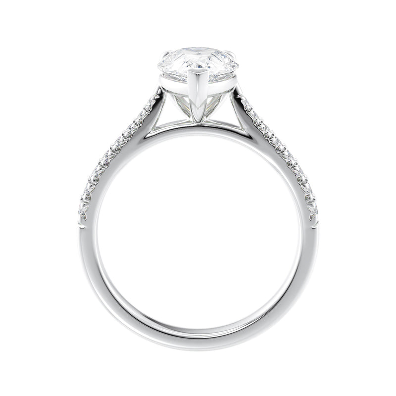 Pear cut lab grown diamond engagement ring with tapered diamond band white gold side view.