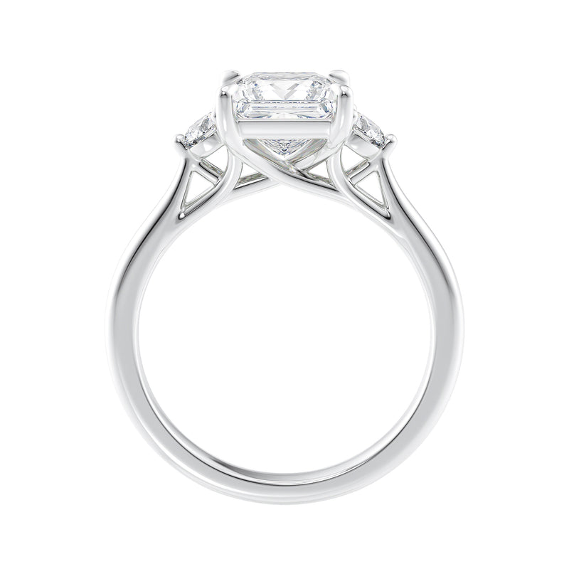 Lab grown square diamond 3 stone engagement ring in white gold setting side view.