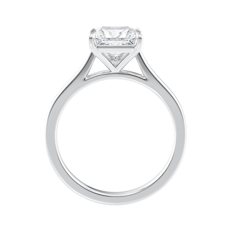 White gold princess cut solitaire diamond engagement ring side view.