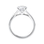 Brilliant cut diamond engagement ring with diamond set twist style band white gold side view.