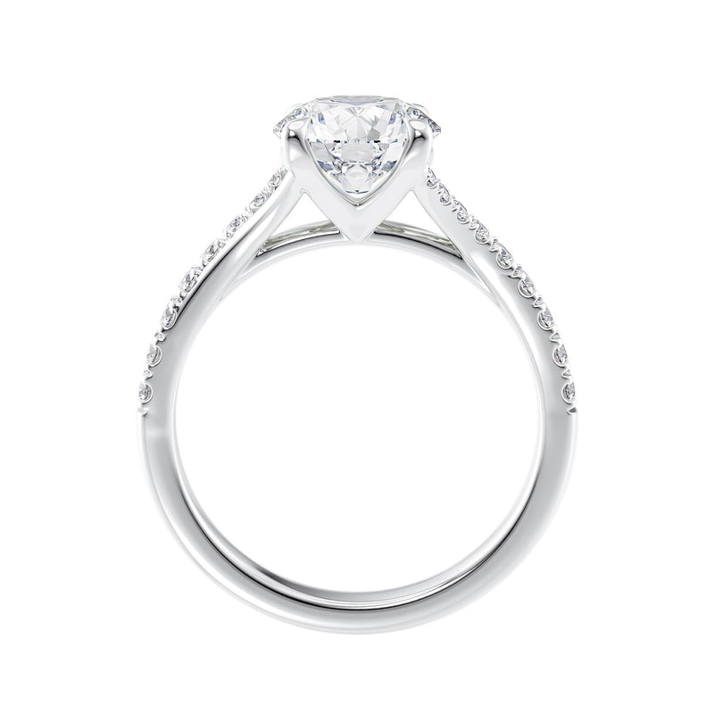 Round solitaire lab grown diamond engagement ring with half set split band white gold side view.