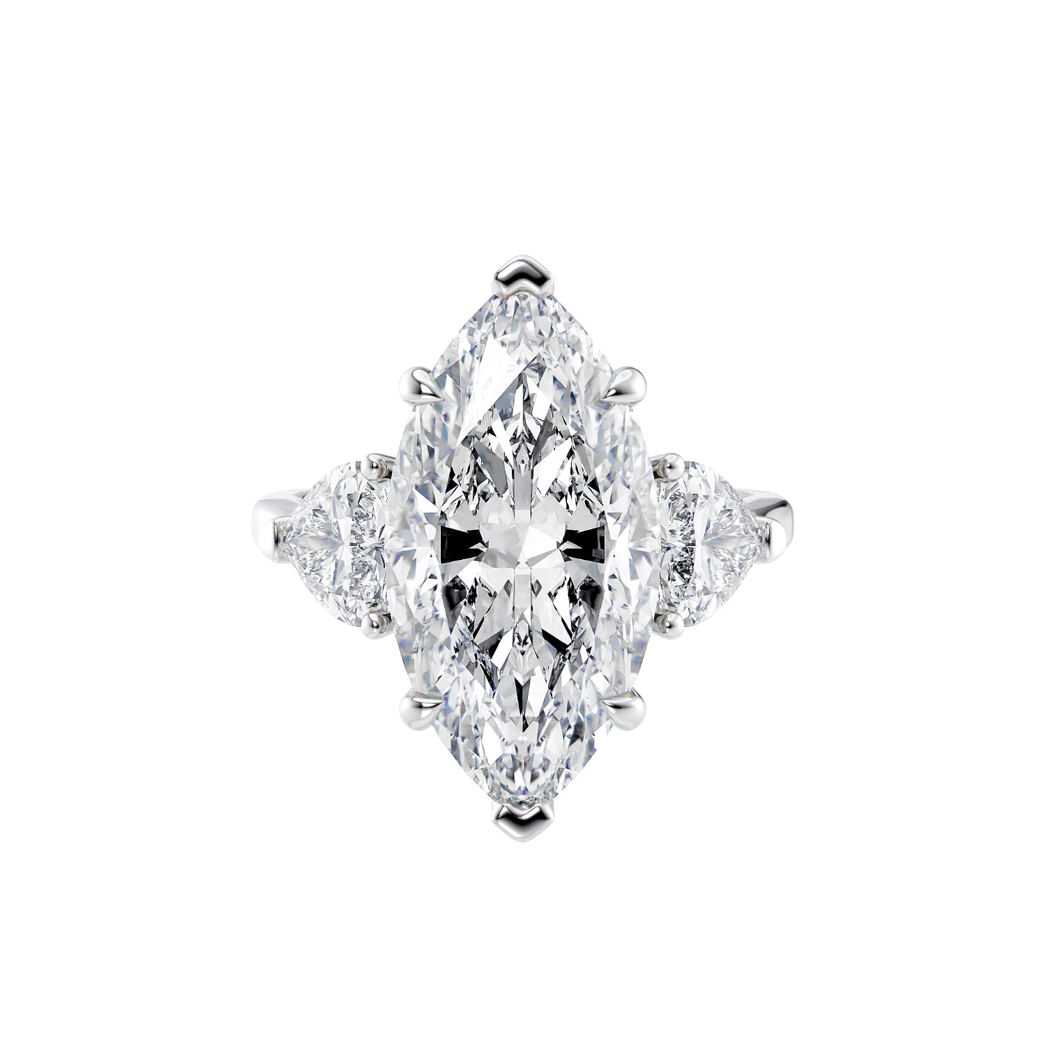 6 carat marquise diamond set ring with heart cut shoulder diamonds in platinum